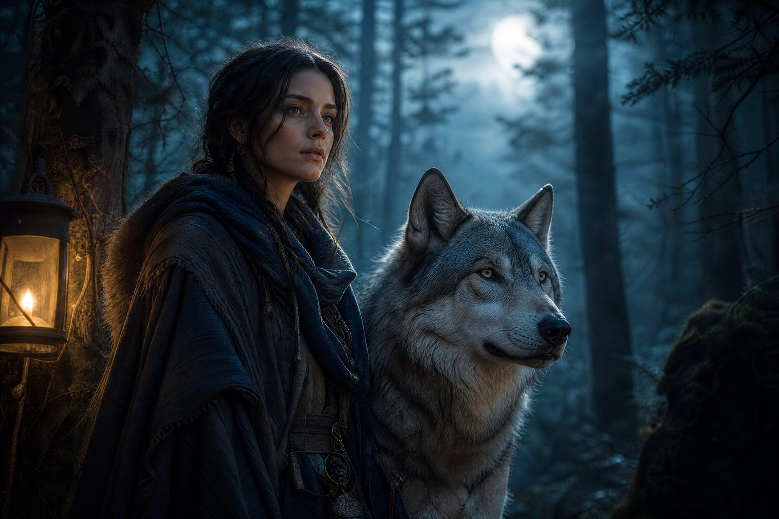 Spirit Animal Portrait example: person beside a silver wolf in a misty moonlit forest