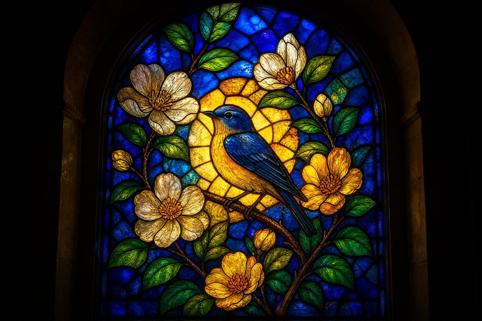 Stained Glass Art generated from a photo: backlit window of a bird among flowers