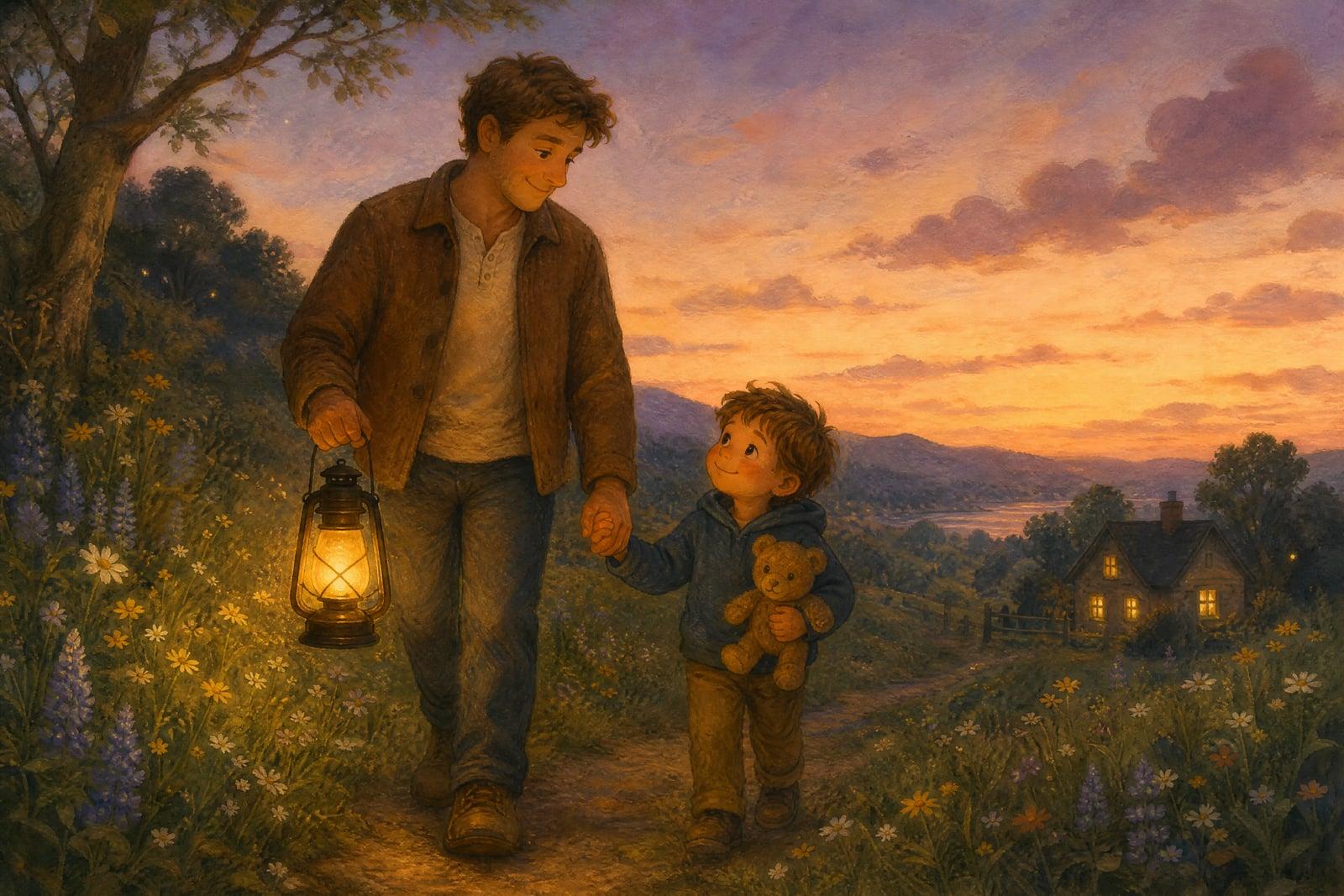 Storybook Illustration example: family photo repainted as a warm picture-book scene