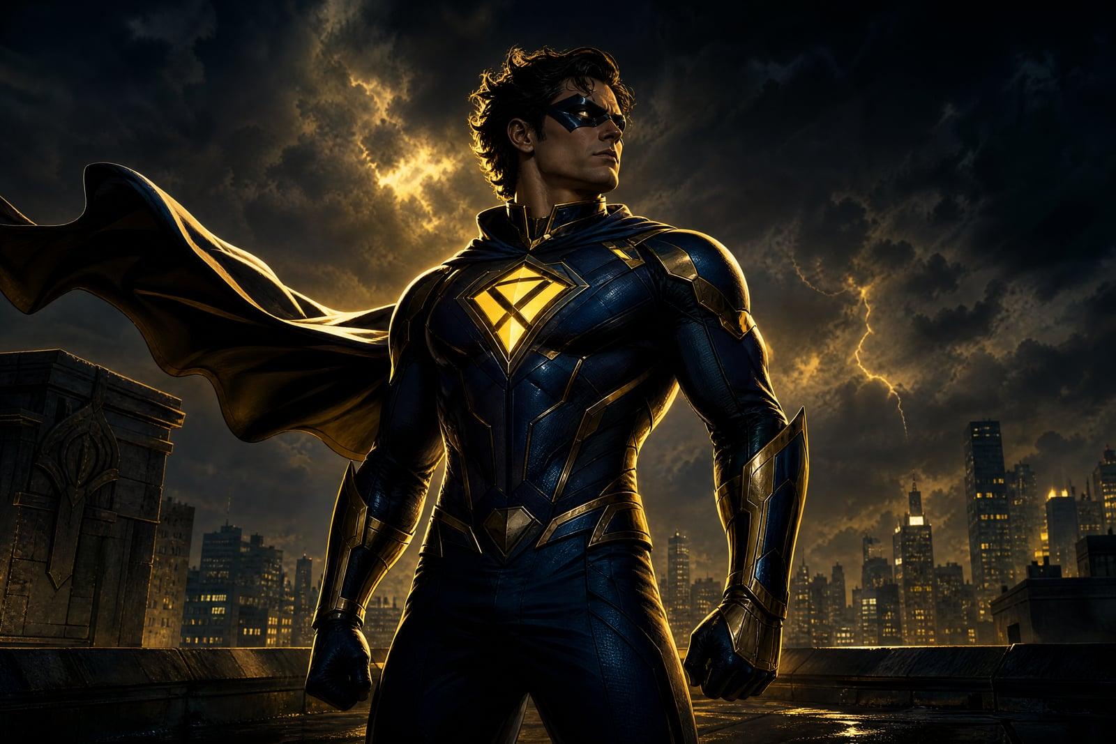 Superhero Generator portrait of an original hero in a dark and gold suit on a night rooftop