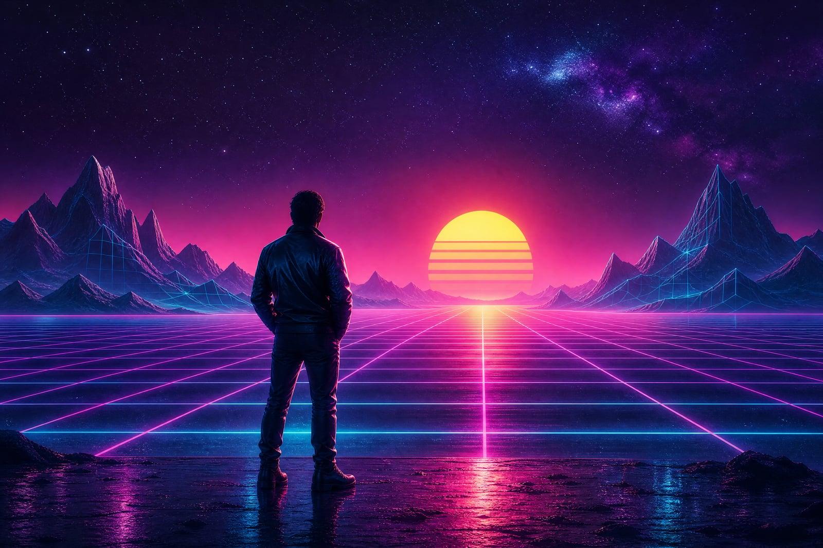 Synthwave Style example: a figure at a neon grid horizon with an 80s sunset glow