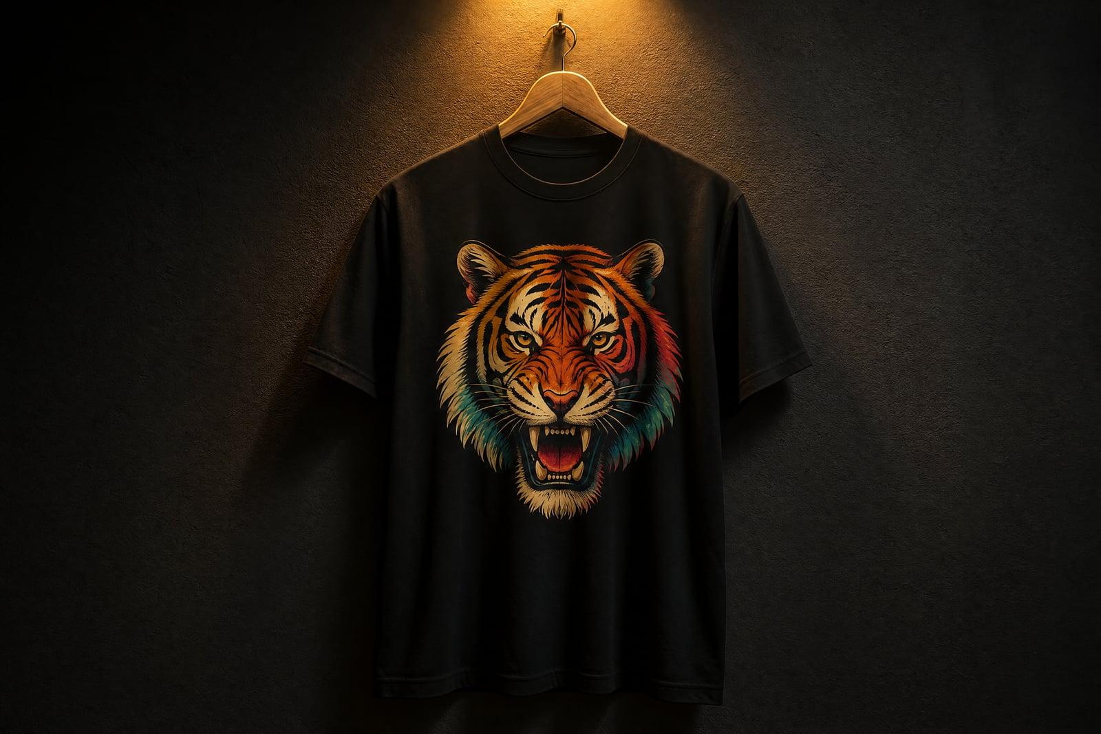 T-Shirt Design Generator example: a bold illustrated tiger graphic printed on a black tee