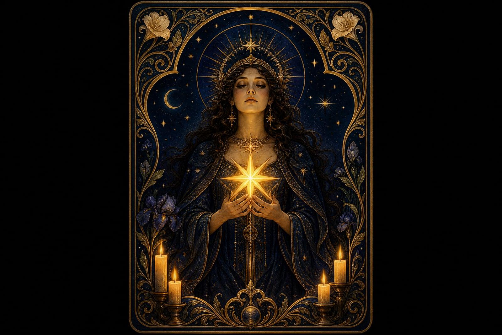 Tarot Card Maker output: ornate illustrated tarot card featuring a woman as The Star