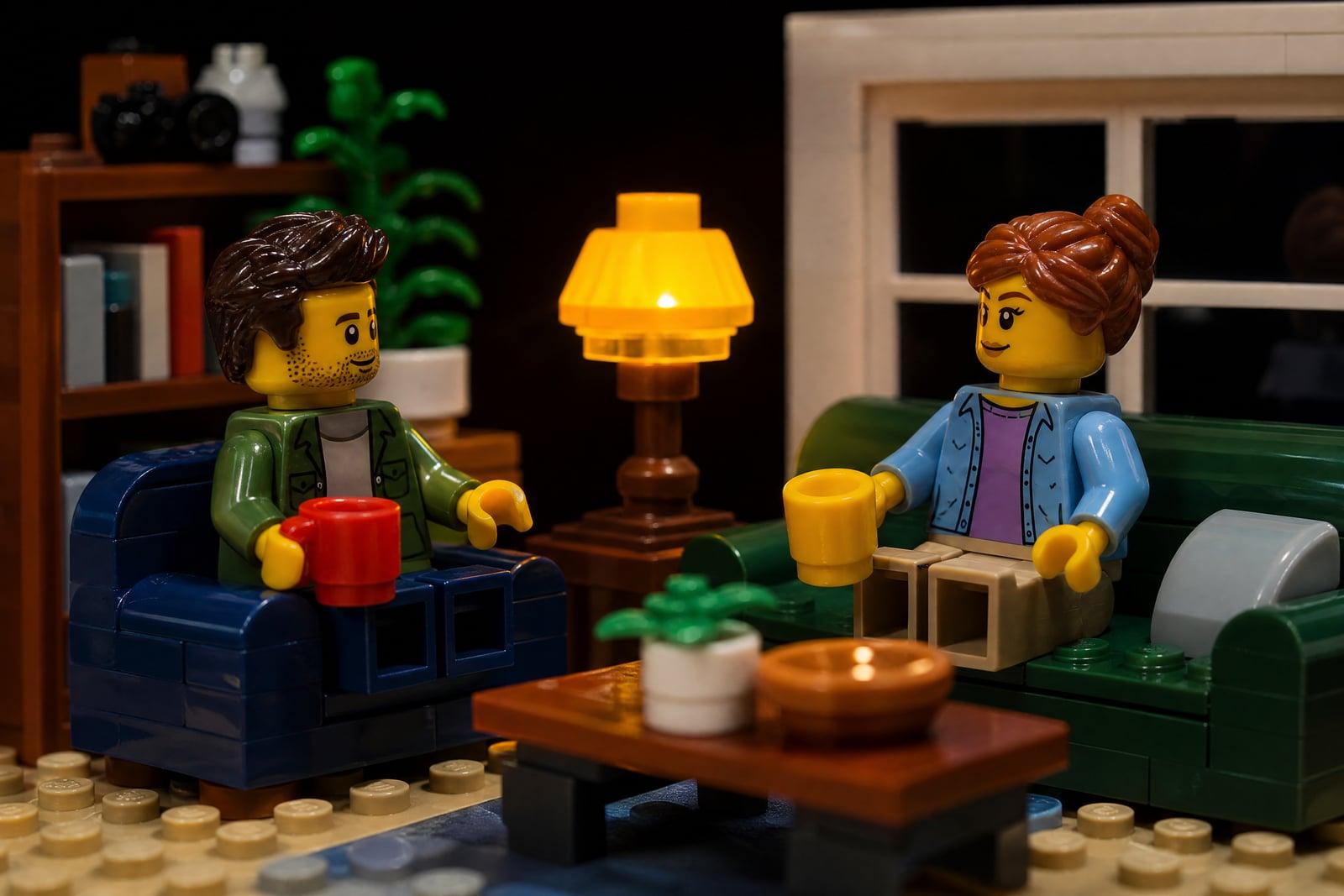 Toy Brick Style result: a family photo rebuilt as a plastic building-brick minifigure scene