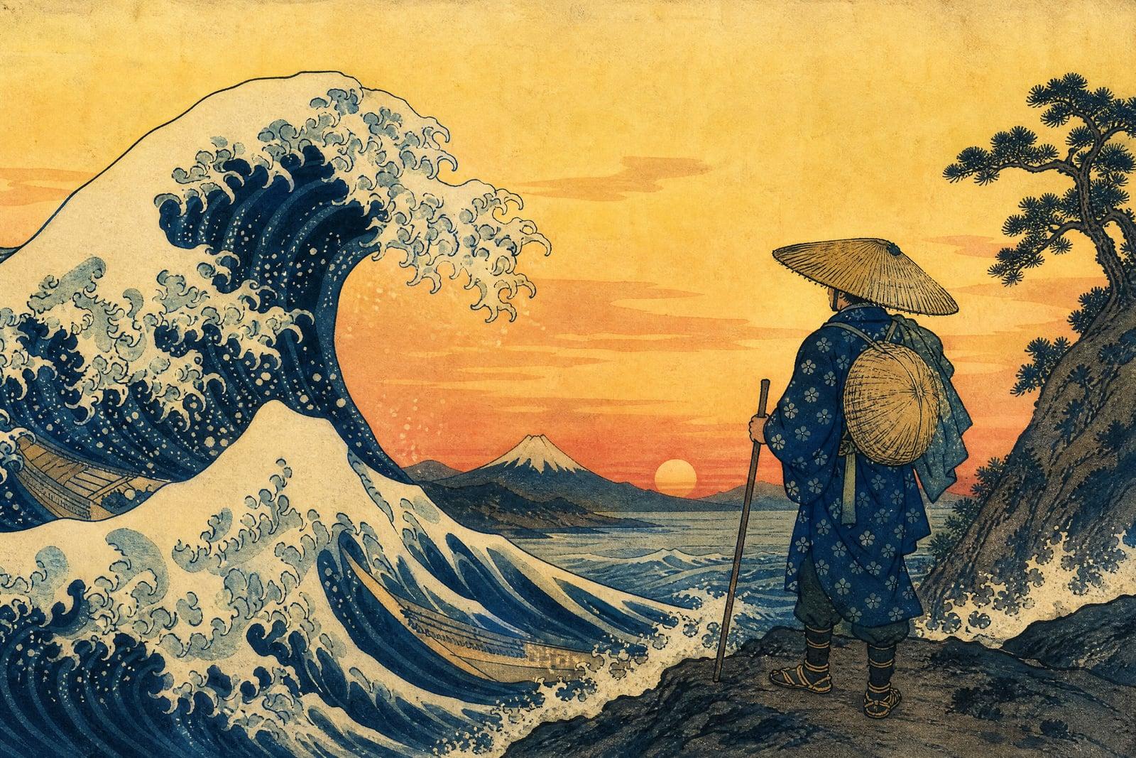 Ukiyo-e Style print generated from a photo: figure by a stylized wave with a mountain behind