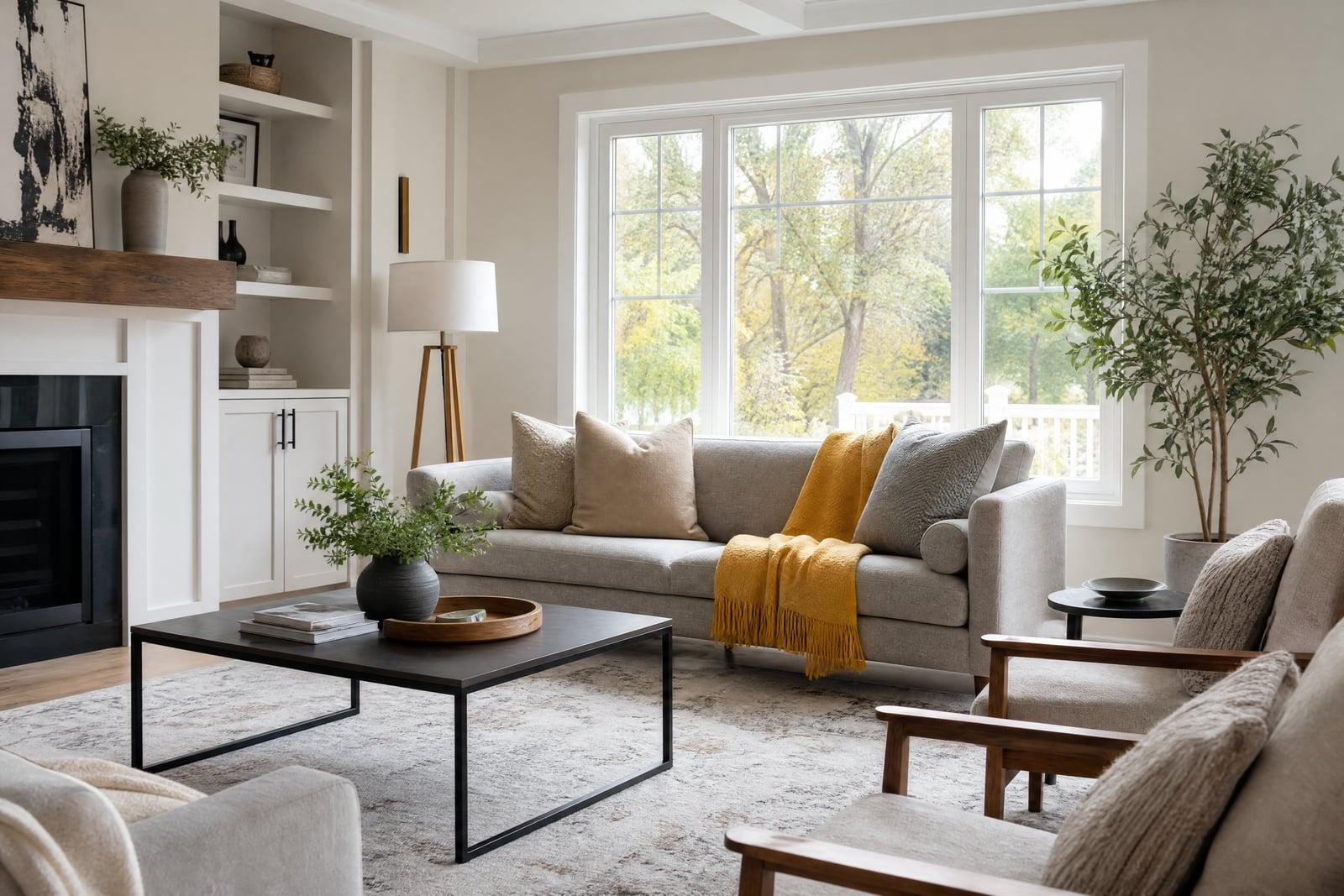 Virtual Staging example: an empty living room shown furnished with a modern sofa and rug