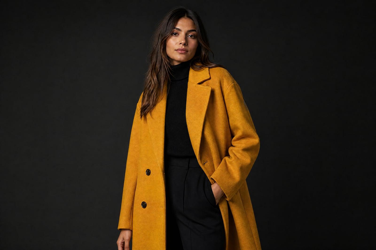 Virtual Try-On result showing a woman wearing a mustard coat generated from two photos