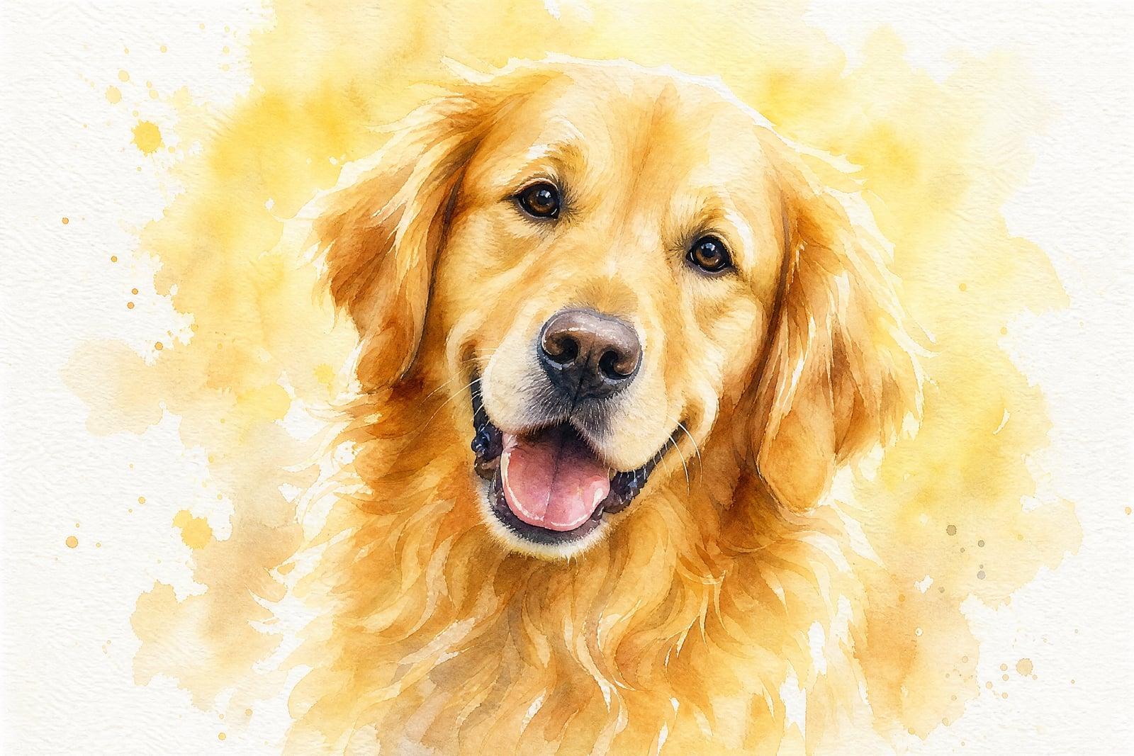 Watercolor Painting generated from a photo: loose portrait of a golden retriever in soft washes