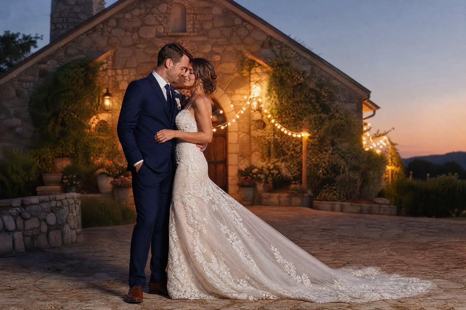 Wedding Portrait of a couple at golden hour outside a stone chapel, generated from two photos