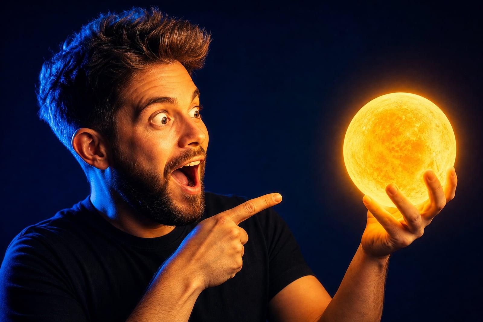 YouTube Thumbnail Maker example: excited creator pointing at a glowing object in bold colors