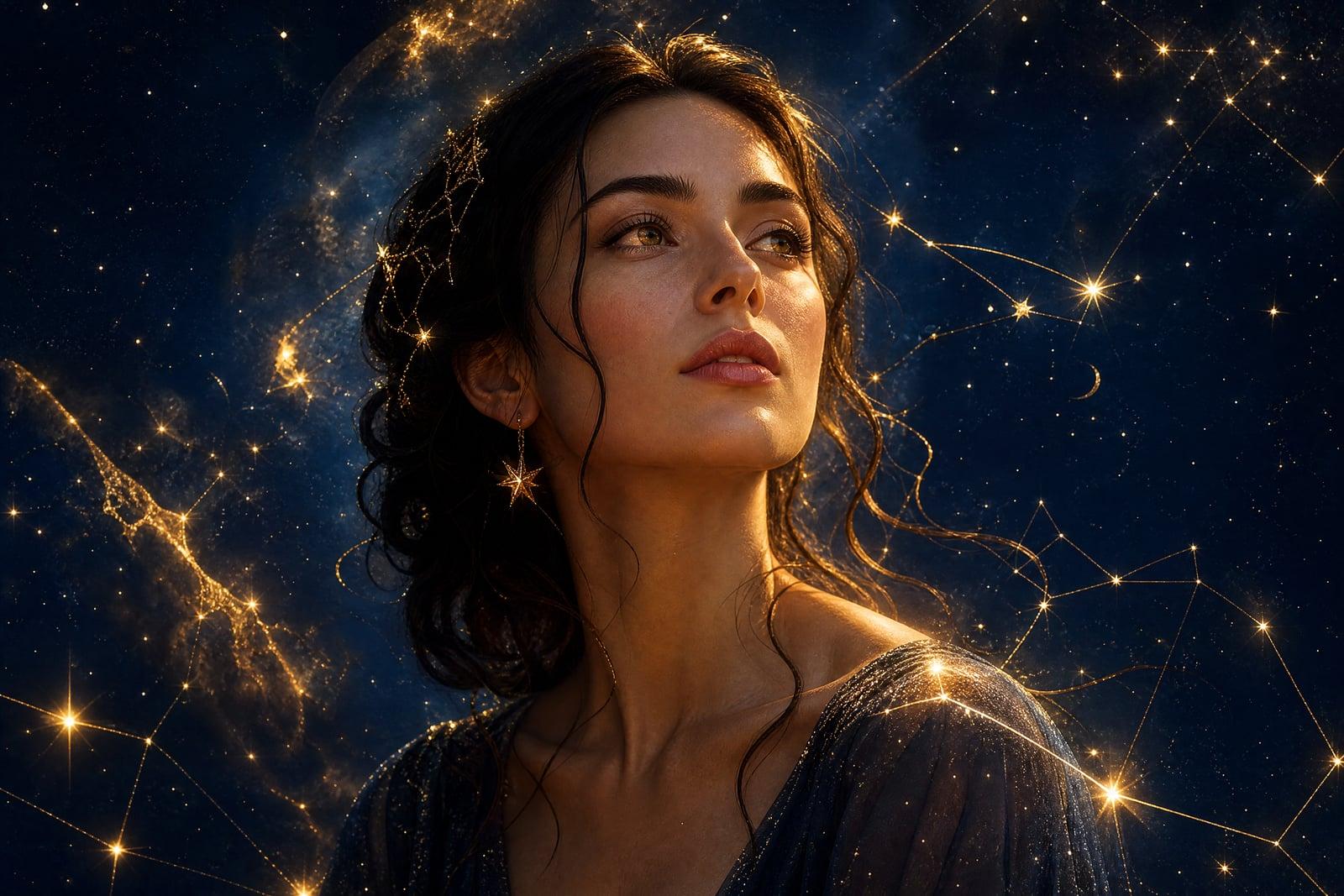 Zodiac Portrait example: woman framed by golden constellation lines and cosmic light